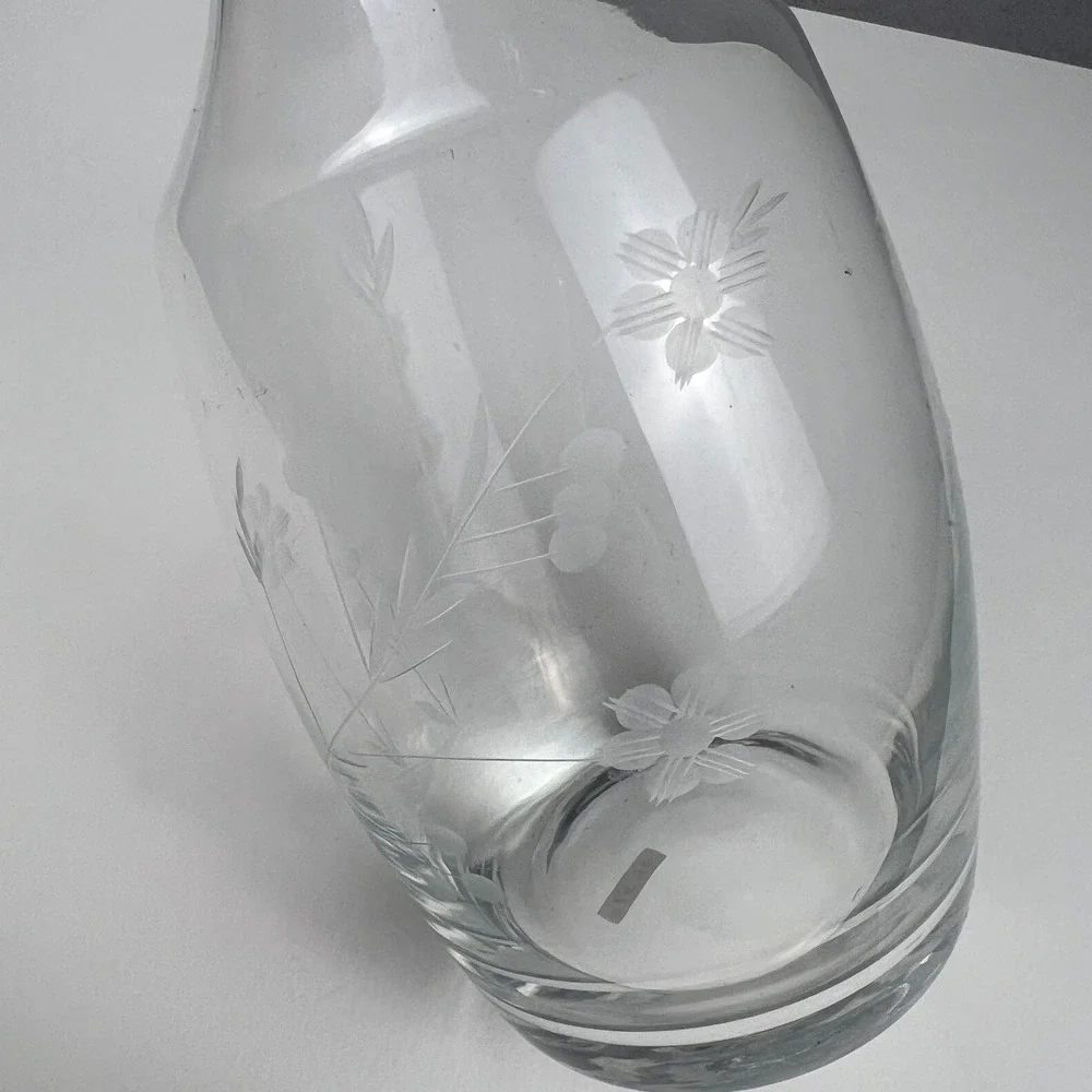 Vintage Glass Decanter 15.75in Elegance Floral Etched Stopper Barware Decor MCM